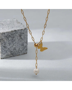 Sweet Gold Plated Artificial Pearls Butterfly Stainless Steel Pendant Necklace Colorza