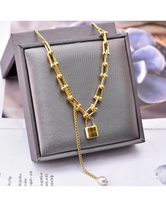 Fashion Love Lock Titanium Steel Inlay Artificial Pearls Tassek Necklace Colorza
