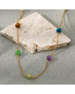 Vacation Colorful Beads Stainless Steel Patchwork Gold Plated Natural Stone Necklace Colorza