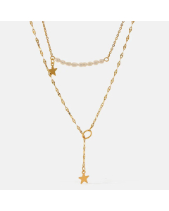 Gold Plated Artificial Pearls Star Stainless Steel Layered Necklaces Colorza