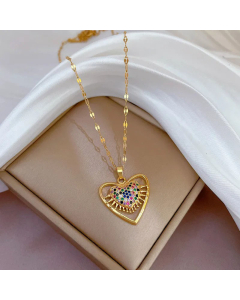 Ethnic Style Hollow Out Heart Shape Inlay Zircon Pendant Titanium Steel Plating   Necklace Colorza