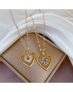 Ethnic Style Hollow Out Heart Shape Inlay Zircon Pendant Titanium Steel Plating   Necklace Colorza