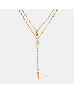 Layered Gold Plated Artificial Pearls Geometric Stainless Steel Necklaces Colorza
