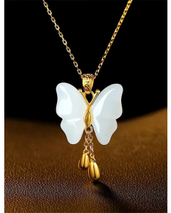 Elegant White Jade Butterfly Titanium Steel Plating Jasper Pendant Necklace Colorza