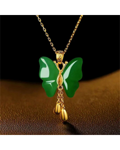 Elegant White Jade Butterfly Titanium Steel Plating Jasper Pendant Necklace Colorza