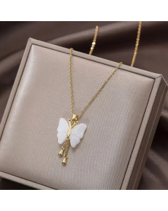 Elegant White Jade Butterfly Titanium Steel Plating Jasper Pendant Necklace Colorza