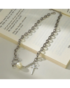 Casual Cross Stainless Steel Patchwork Artificial Pearls Choker Colorza