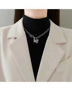 Hip-Hop Plating Heart Shape Checkered Pendant Stainless Steel Necklace Colorza