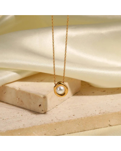 Elegant Geometric Inlay Artificial Pearls Pendent Stainless Steel Necklace