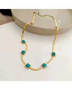 Retro Square Inlay Turquoise Stainless Steel Necklace Colorza CA07830004