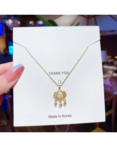 Sweet Moon Key Smiley Pendent Shell Zircon Inlaid Titanium Steel Gold Plated Necklace Colorza 