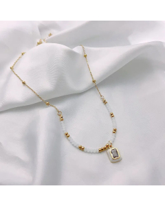 Zircon Inlaid Rectangle Pendant Stainless Steel Beaded Necklace Colorza CA07830013