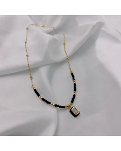 Zircon Inlaid Rectangle Pendant Stainless Steel Beaded Necklace Colorza CA07830013