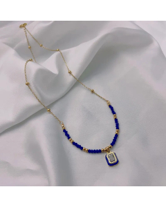 Zircon Inlaid Rectangle Pendant Stainless Steel Beaded Necklace Colorza CA07830013
