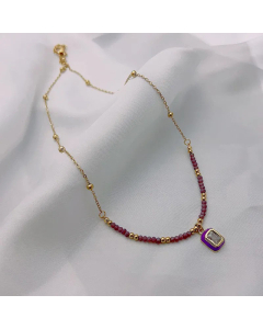 Zircon Inlaid Rectangle Pendant Stainless Steel Beaded Necklace Colorza CA07830013