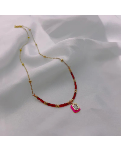 Zircon Inlaid Rectangle Pendant Stainless Steel Beaded Necklace Colorza CA07830013