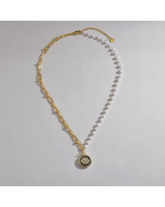 French Style Round Devil's Eye Stainless Steel Pearl Plating Inlay Zircon Pendant Necklace Colorza CA07830018