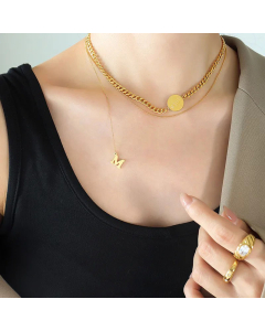 Casual Letter Round Titanium Steel Plating Layered Necklace Colorza CA07830023