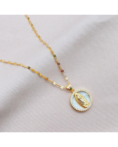 Religious Round Flower Human Inlay Zircon Pendent Stainless Steel Necklace Colorza CA07830026