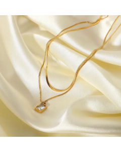 Minimalism Layered Square Inlay Artificial Crystal Titanium Steel Necklaces CA07830036