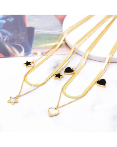 Sweet Inlay Shell Layered Heart Shape Butterfly Titanium Steel Necklaces CA07830047