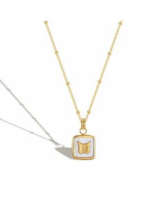 Retro Square Butterfly Inlay Shell Pendant Titanium Steel Necklace CA07830051