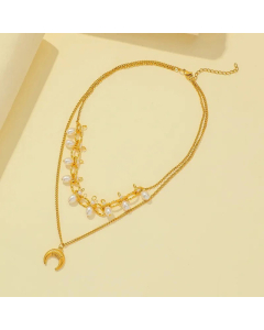 Vintage Layered Moon Pendent Titanium Steel Plating Pearl Necklaces Colorza CA07830058