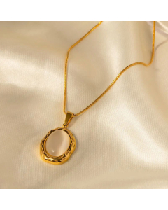 Fashion Oval Inlay Natural Stone Pendant Stainless Steel Necklace CA07830079