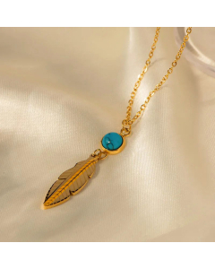 Retro Feather Inlay Turquoise Pendent Stainless Steel Necklace Colorza CA07830100