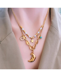 Vacation Moon Star Titanium Steel Plating Chain Pendant Necklace Colorza CA07830117