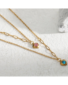 Elegant Layered Heart Shape Zircon Inlaid Stainless Steel Plating Necklace CA07830122