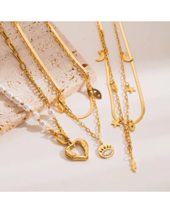 Charm Star Moon Heart Shape Eye Stainless Steel Necklace With Artificial Pearls Rhinestones CA07830130