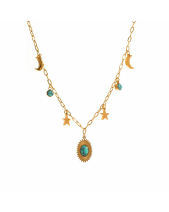 Retro Star Moon Plating Turquoise Stainless Steel Titanium Steel Necklace CA07830136