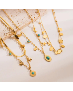 Retro Star Moon Plating Turquoise Stainless Steel Titanium Steel Necklace CA07830136