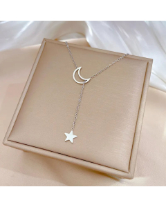 Minimalism Moon Pendent Star Tassel Titanium Steel Chain Necklace CA07830141
