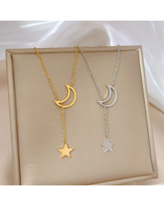 Minimalism Moon Pendent Star Tassel Titanium Steel Chain Necklace CA07830141