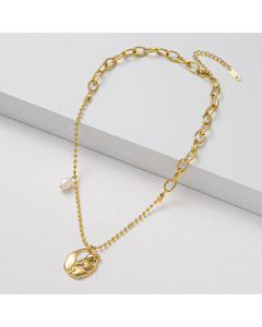 French Style Tulip Titanium Steel Inlay Artificial Pearls Necklace CA07830146