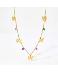 Vacation Butterfly Inlay Artificial Gemstones Stainless Steel Necklace CA07830156