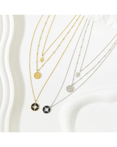 Layered Enamel Round Star Pendent Stainless Steel Necklace CA07830159