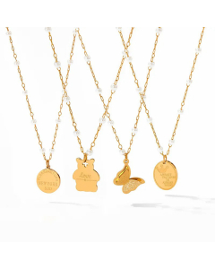 Letter Bear Round Butterfly Inlay Artificial Pearls Pendant Stainless Steel Necklace CA07830162
