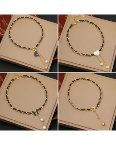Enamel Heart Shape Butterfly Stainless Steel Plating Tassel Necklace CA07830227