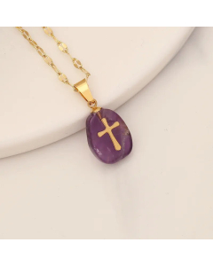 Fashion Cross Natural Stone Pendant Stainless Steel Necklace CA07830229