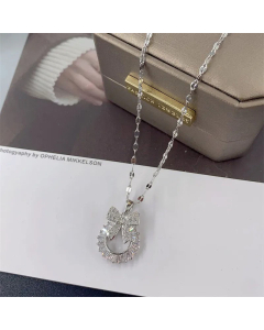 Sweet Bow Knot Inlay Zircon Pendant Titanium Steel Necklace CA07830230