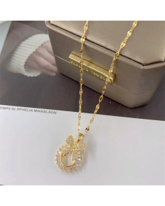Sweet Bow Knot Inlay Zircon Pendant Titanium Steel Necklace CA07830230