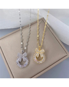 Sweet Bow Knot Inlay Zircon Pendant Titanium Steel Necklace CA07830230