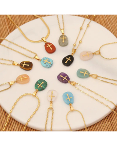 Natural Stone Turquoise Cross Stainless Steel Pendant Necklace CA07830233