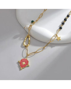 Fashion Enamel Pentagram Round Stainless Steel Pearl Plating Pendant Necklace CA07830239
