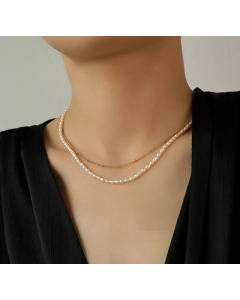Layered Color Block Titanium Steel Pearl Beaded Necklace CA07830252