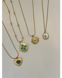 Retro Four-Petal Flower Stainless Steel Spray Paint Enamel Artificial Gemstones Necklace CA07830256