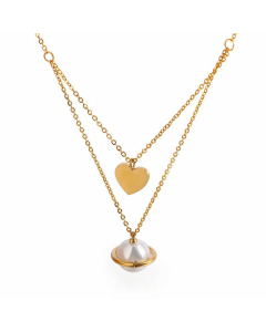 Fashion Inlay Artificial Pearls Pentagram Heart Shape Titanium Steel Pendant Necklace CA07830261-Gold Color-01